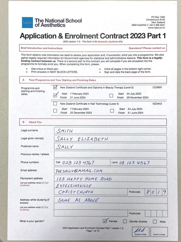 An example of an acceptable photo of an application form. The form has a minimal shadow on it and the margins are acceptable. The entire form is in the shot, and there is minimal margin around the border.