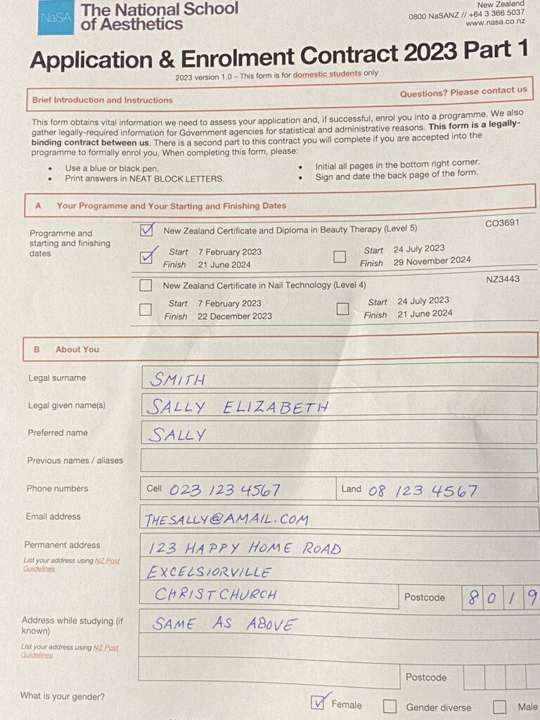 An example of an unacceptable photo of an application form. The form is too close, cutting off many parts of the form, and the sheet is crumpled.