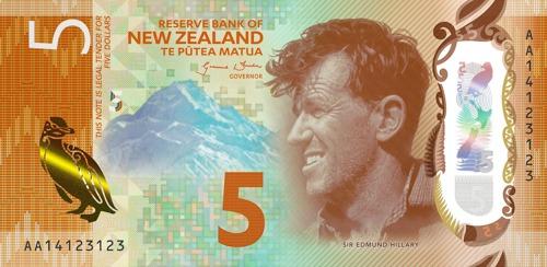 Front of New Zealand 5 dollar bill